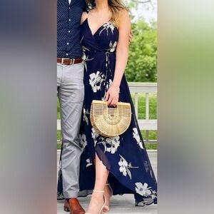 Lulus Navy Blue Floral Print High Low Wrap Dress